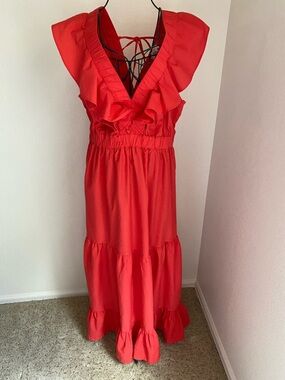 Red Ruffle V-Neck Maxi Dress